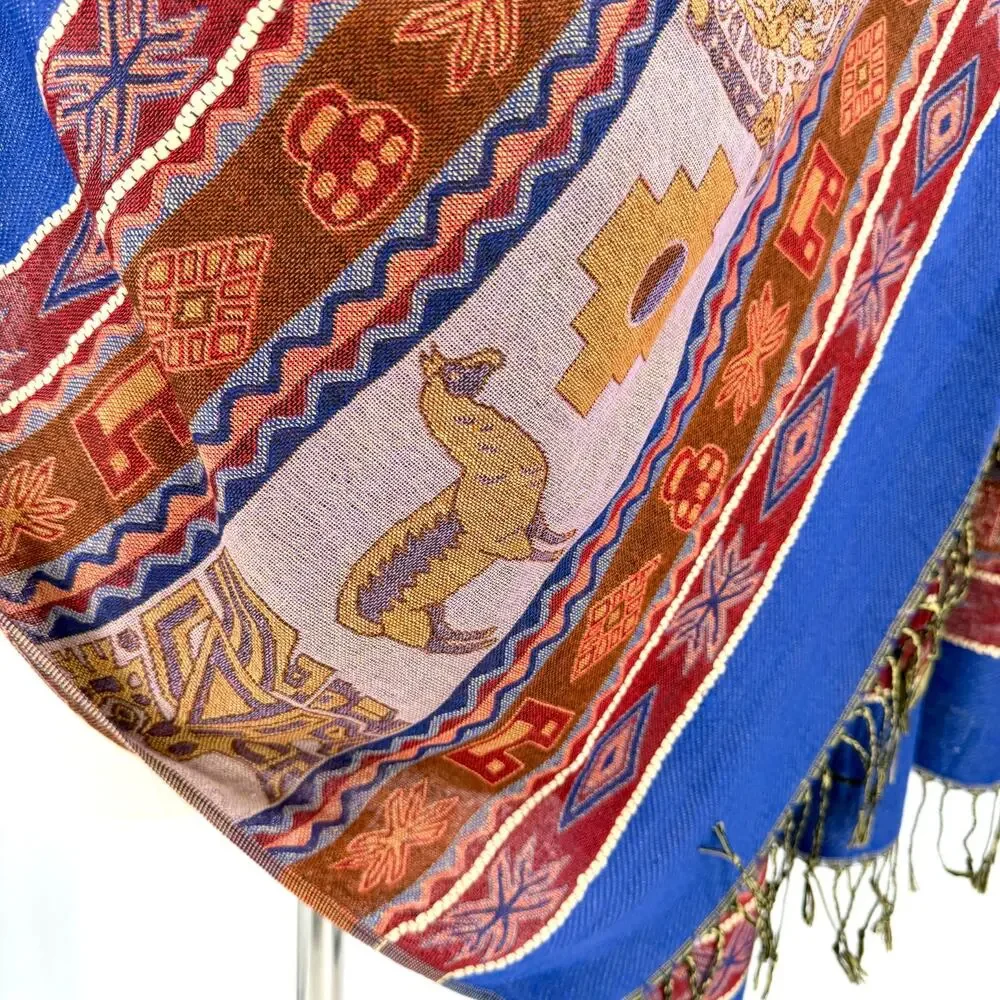 Blue Red 100% Wool Aztec Llama Tribal Scarf